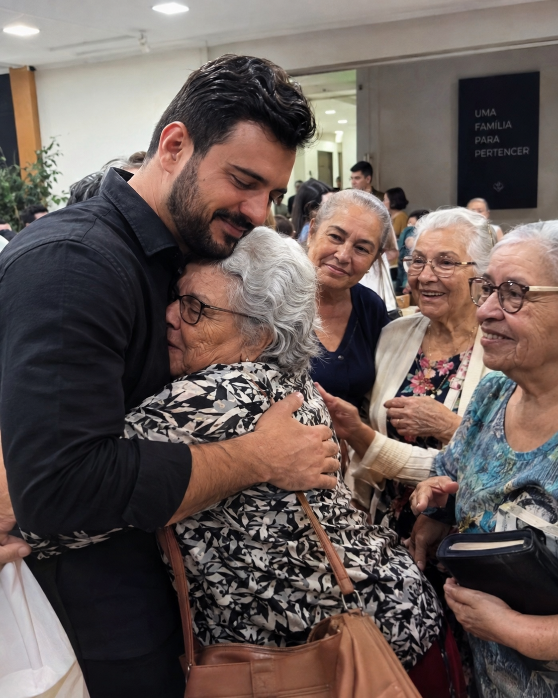 Irmão Samuel abraçando uma senhora ao final de um encontro