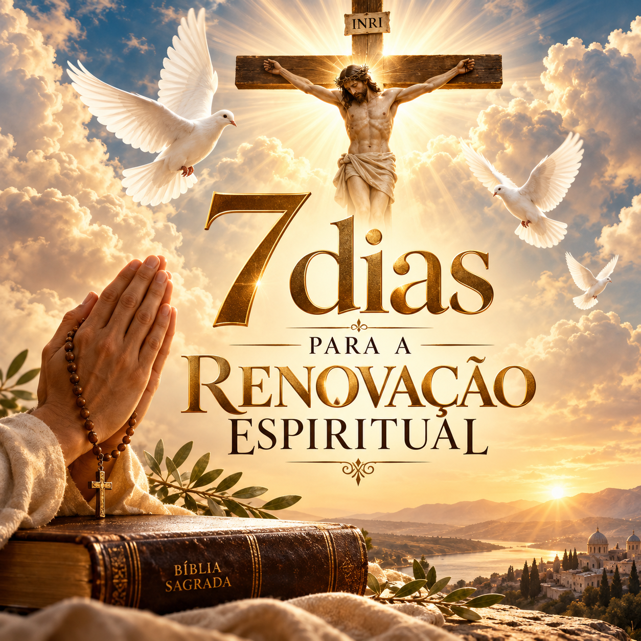 Capa oficial da jornada 7 Dias para a Renovação Espiritual, com a cruz, pombas brancas, mãos em oração e a Bíblia ao amanhecer